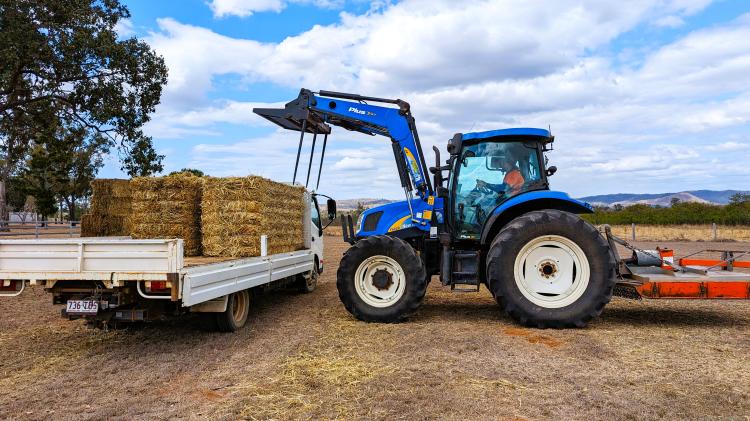 Farmer picking up hay at fodder drop